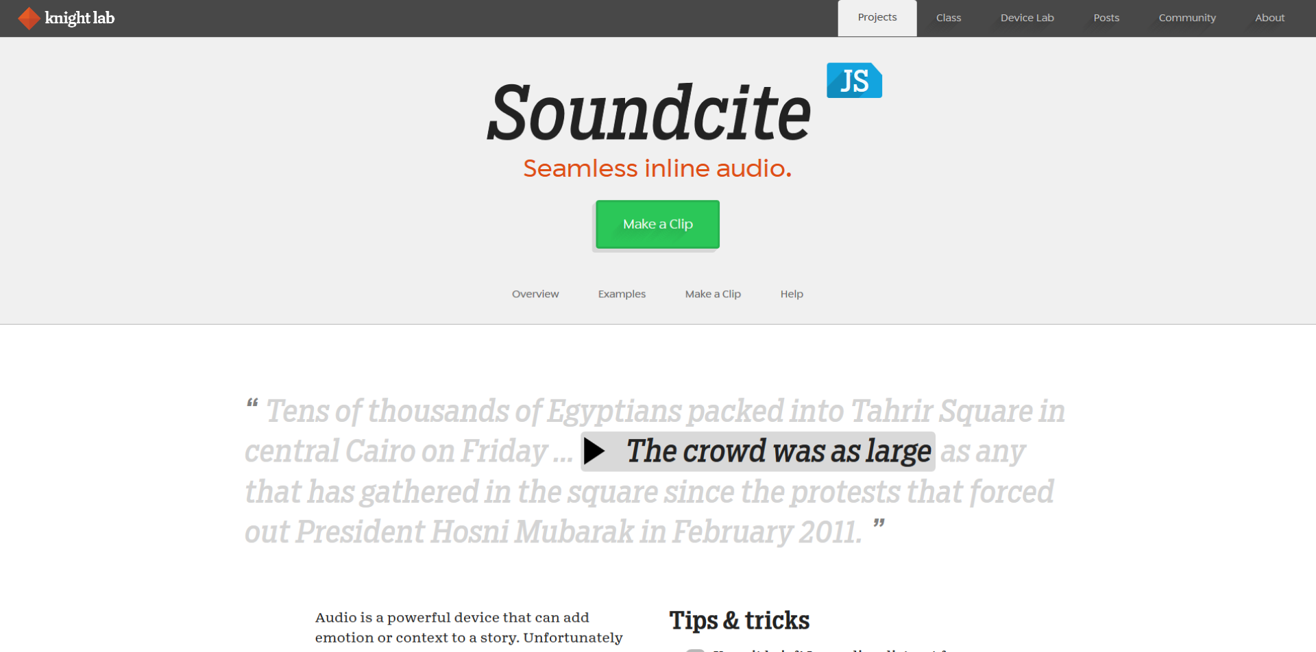 Captura de ecrã do serviço SoundCite