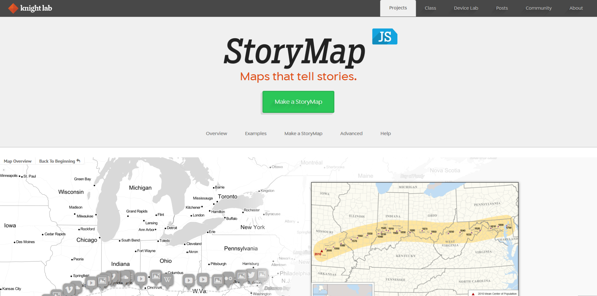Captura de ecrã do serviço StoryMap